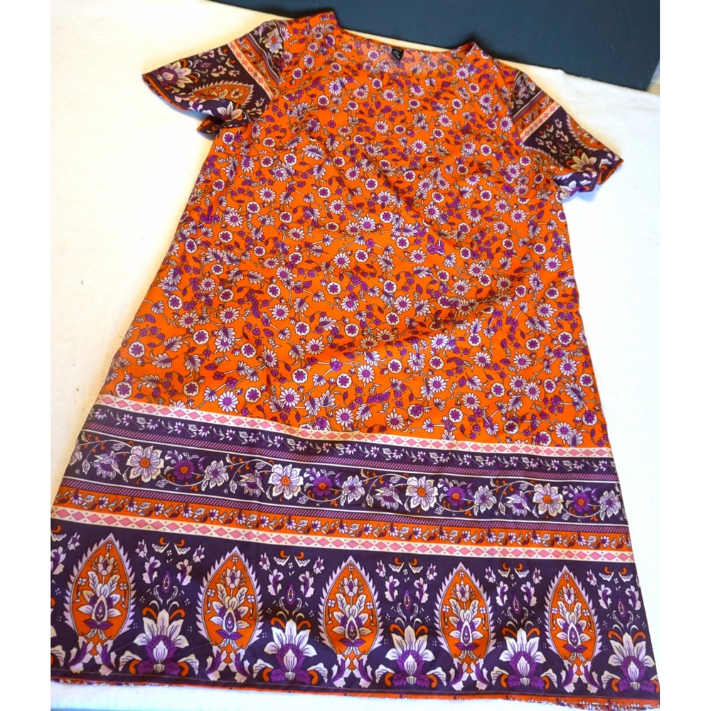 Emery Rose Orange Purple Floral Border Print Shift Dress Pockets 0XL JIT11712781
